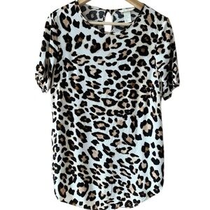 H&M Leopard Print Short Sleeve Blouse Animal Print Tunic Top Brown Black White